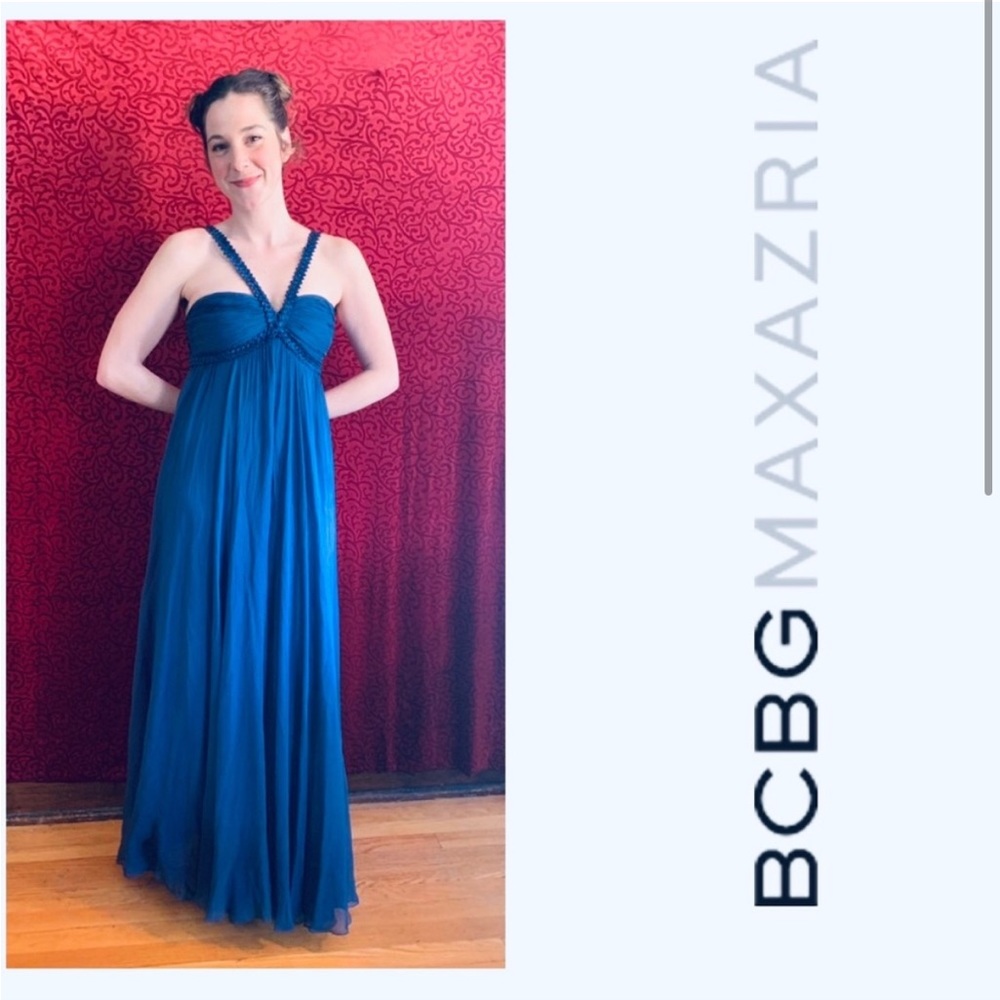 BCBGMaxAzria Navy Maxi / Prom Dress / Gown Ribbon & Bead Straps Sz 6P